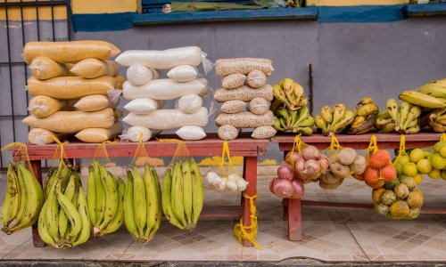 Amazon market food in Tabatinga, featuring everyday staples of the local diet, including cassava flour, tapioca, bananas and garlic.