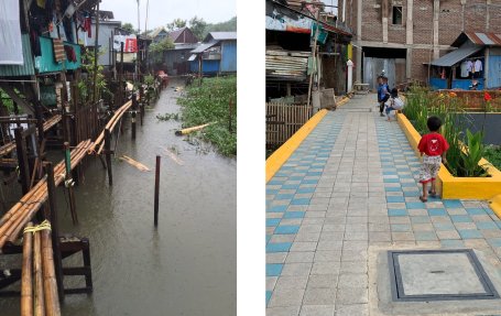 Before and after photos show a flooded walkway and a dry walkway.