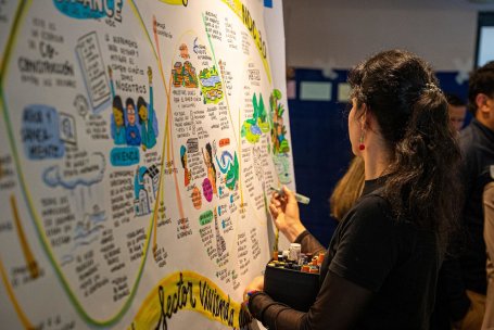 A person writes on a posterboard during a climate workshop.