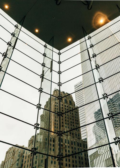 Building reflected in a window