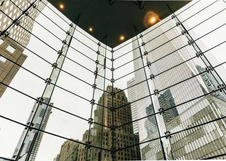 Building reflected in a window