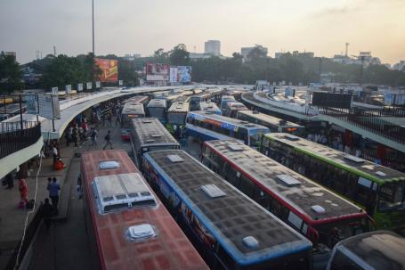 Buses crowd into a Karnataka bus station.