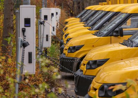 Line of electric buses charging
