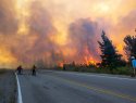 Forest fire fighters battling a blaze near a road.