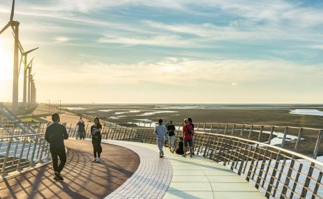 People walk on a bridge over wetlands with windmills in the distance.