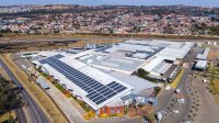 Solar panels on the roof of an industrial park. 