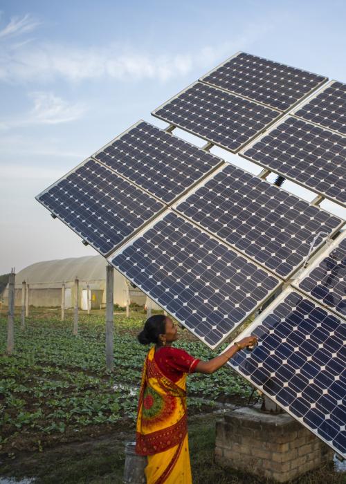 Farm workers clean the solar panels of a solar water pump at the farms of Gurinder Singh a farmer with a land holding of 80 acres in Jagadhri.