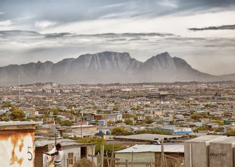 Mountains and city.