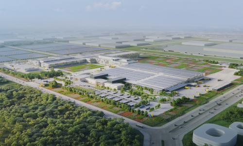 A rendering of a new Lego factory in Vietnam shows plans for solar rooftops.