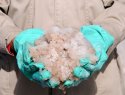 Gloved hands holding lithium-rich brine.