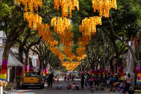 Yellow decorations hang from trees lining streets and sidewalks filled with people during an arts festival.