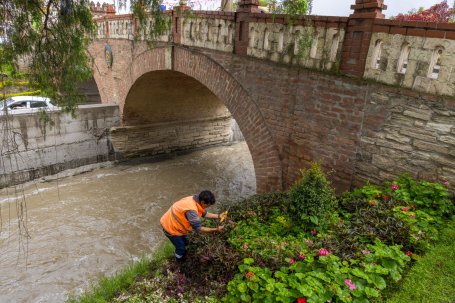 A city worker prunes bushes near a river and bridge in Loja.