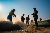 Men with fishing nets on beach.