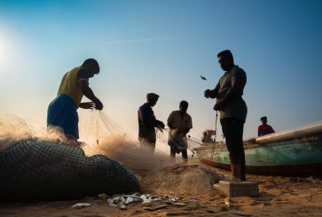 Men with fishing nets on beach.