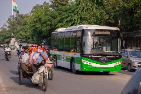 Electric bus on a street in New Delhi, India