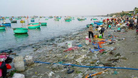 Plastic waste builds up on a shoreline in Vietnam. 