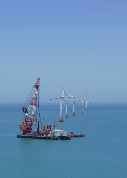 Offshore wind turbines.