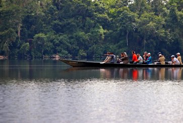 Lake boat with people in the Amazon