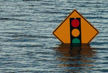 Traffic light sign in water.