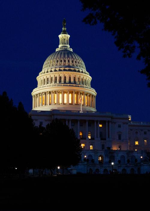US Capitol building at night