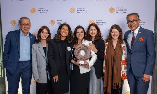 Stephen Ross, Ani Dasgupta, and the Re-Ciclo team, grand prize winners of the 2023-2024 Ross Prize for Cities from Fortaleza, Brazil