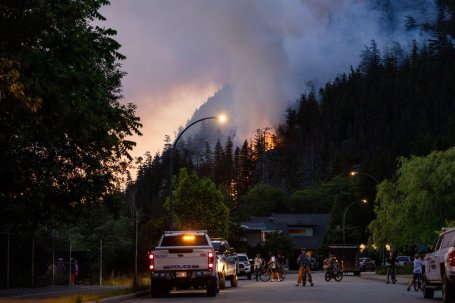 People on a blocked-off road looking at a forest fire nearby.