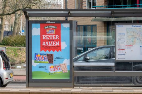 A Tony's Chocolonely and Ben & Jerry's billboard. 