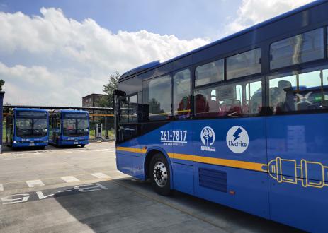 Transmilenio electric transit bus charging at an electric bus depot in Bogota, Colombia