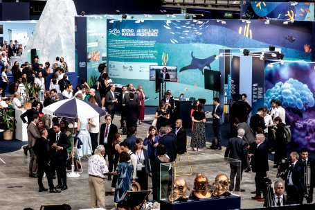 People gather at the 2025 UN Ocean Conference in Nice, France