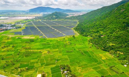 Green rice fields and solar panels in Vietnam's border region.