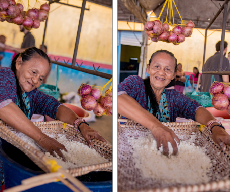 An Indigenous Tikuna woman uses a woven basket to sift cassava flour by hand, ready for sale at the local market in the Brazilian Amazon.