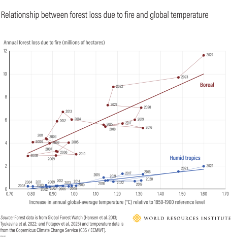 Relationship between forest loss due to fire and global temperature.