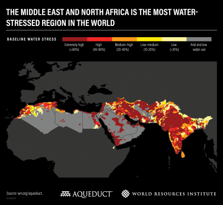 A map from Aqueduct showing water stress in the Middle East and North Africa